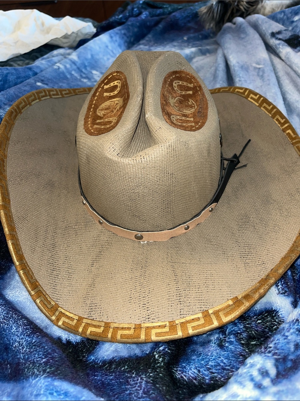 Men's Beige Straw Cowboy Hat with Decorative Band